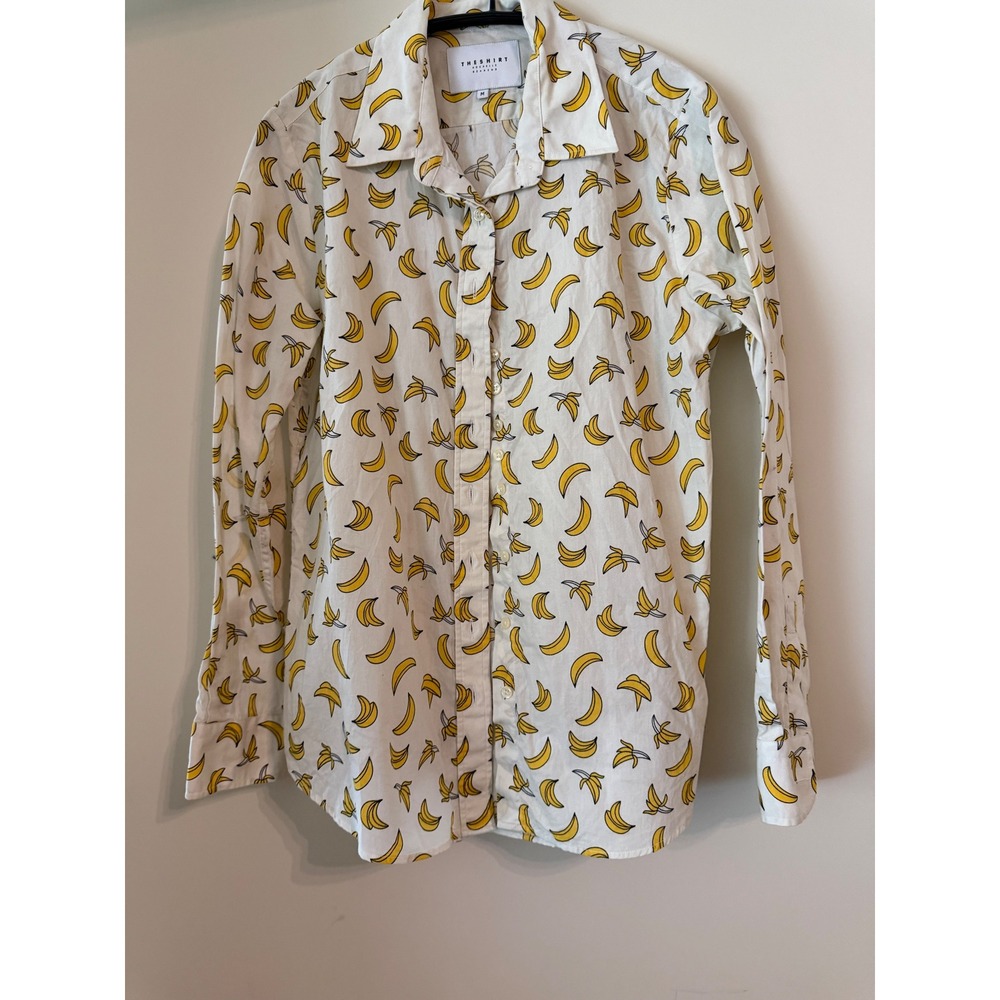 The Shirt Rochelle Behrens Banana Print Button Down Cotton Blouse White Yellow M